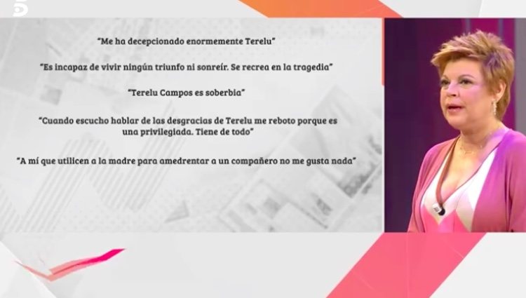 Terelu leyendo lo que Patiño ha dicho de ella / Telecinco.es