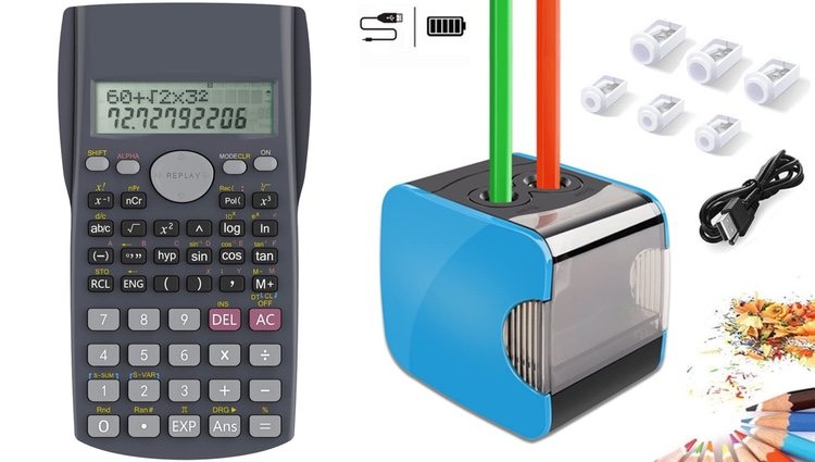 Calculadora y sacapuntas eléctrico