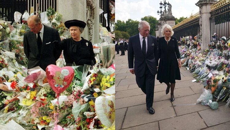 Isabel II y su marido contemplando los homenajes a Lady Di (izq) y Carlos III y Camilla los de su madre (dcha)