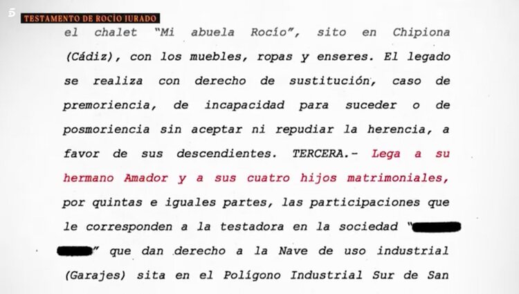 Fragmento del testamento de rocío Jurado en el que aparecen los 