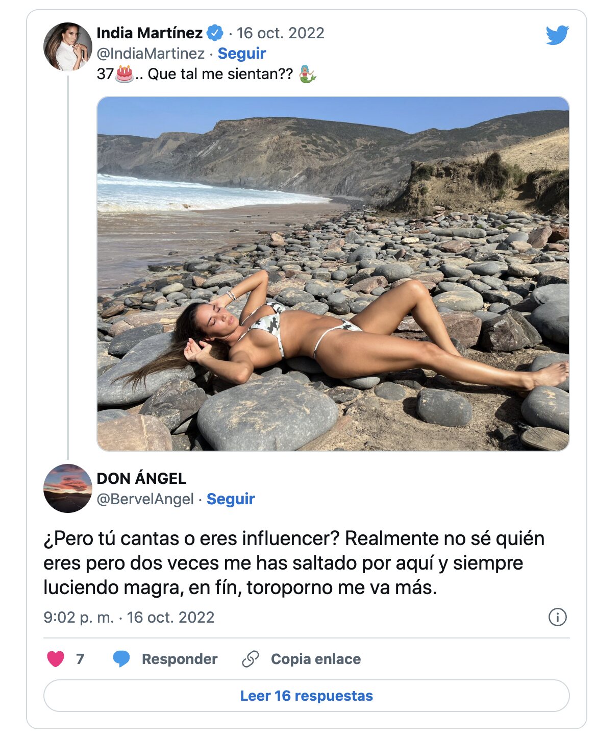 El comentario de odio que ha recibido India Martínez en una foto/ Foto: Twitter