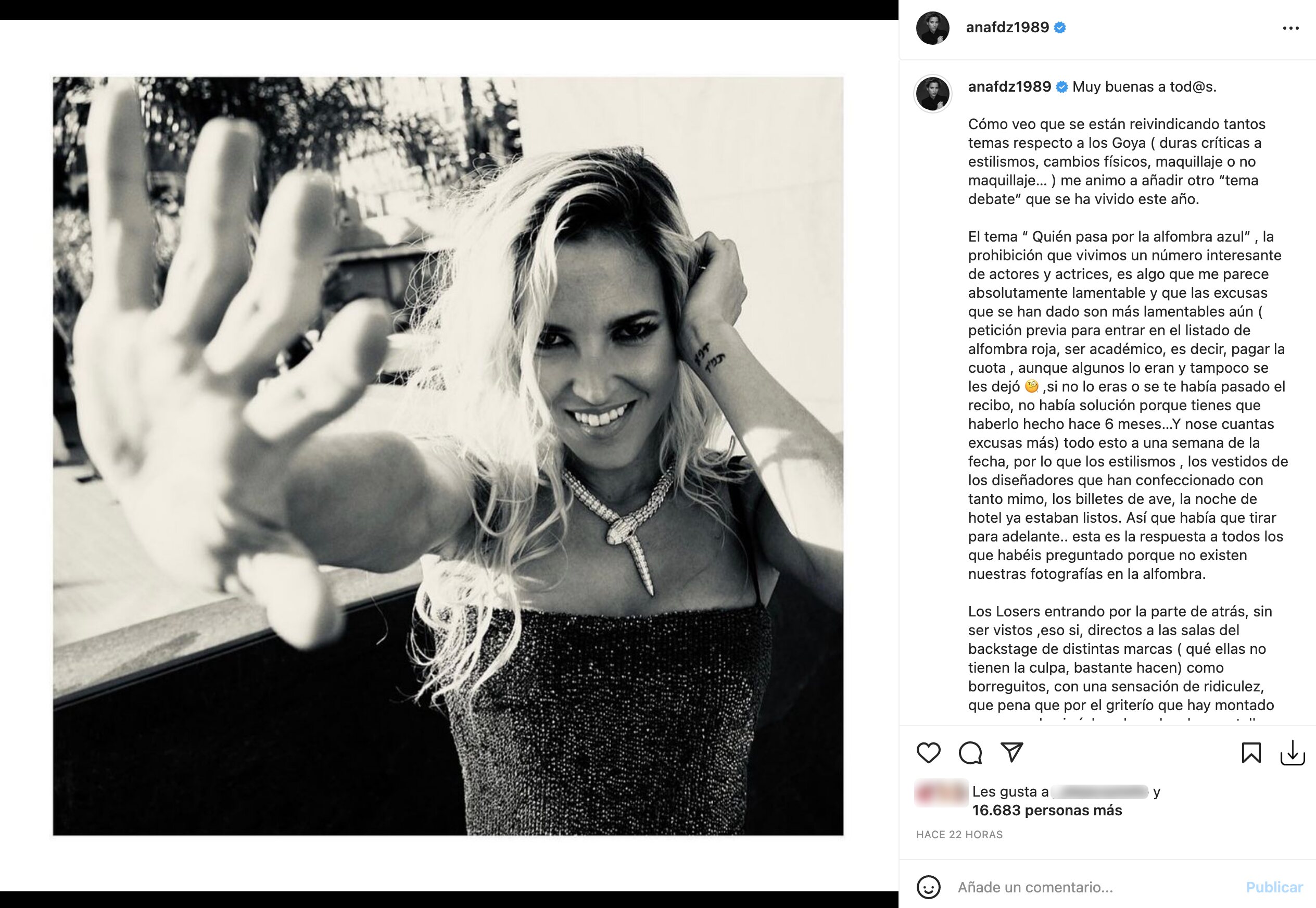 Ana Fernández, indignada por lo ocurrido en los Goya 2023 | Foto: Instagram