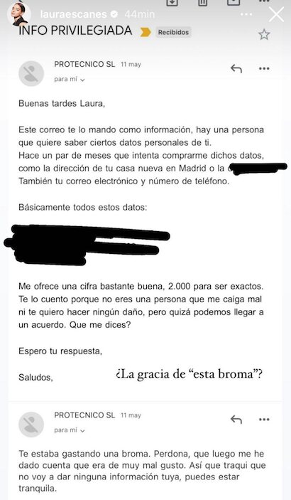 El correo que ha recibido Laura Escanes/ Foto: Instagram