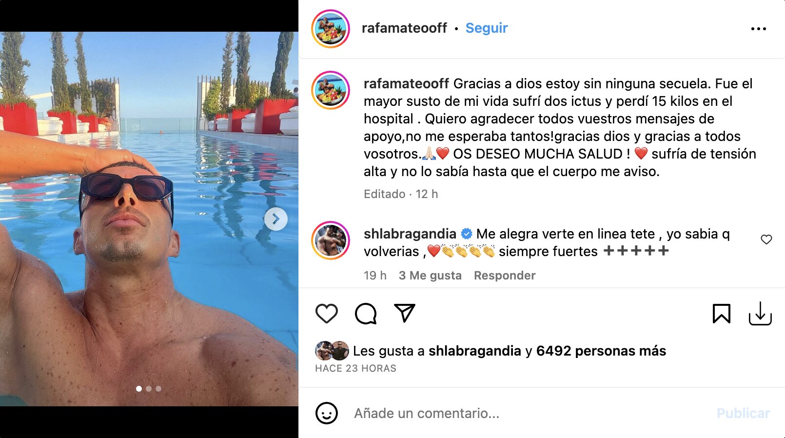 Rafa Mateo sufrío dos ictus en cuestión de días | Foto: Instagram