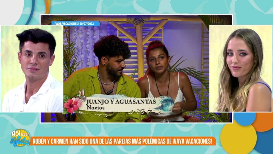 Rubén Shan y Carmen Pina viendo lo que dice Aguasantas sobre ellos en '¡Vaya Vacaciones!' | Fuente: Telecinco.es