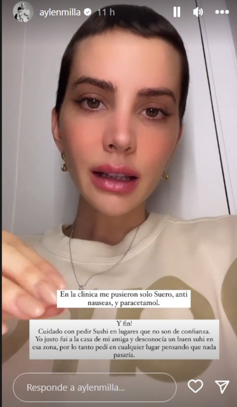 Captura de la storie de Aylén Milla hablando de la intoxicación | Instagram