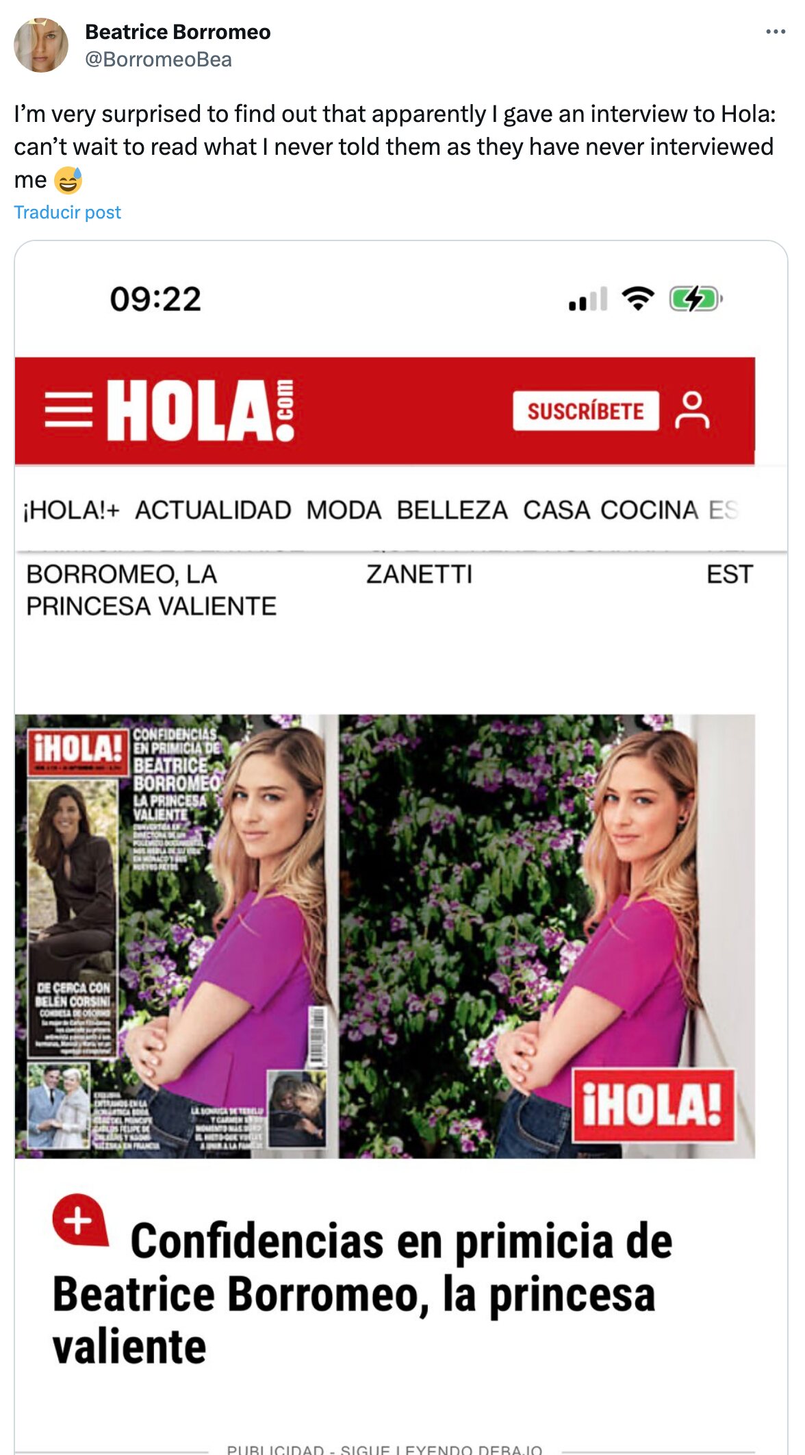 La primera reacción de Beatrice Borromeo a la portada de la revista ¡Hola! | Foto: Twitter