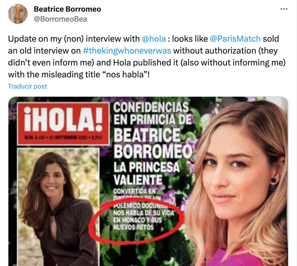 Beatrice Borromeo explica de dónde ha salido la entrevista | Foto: Twitter