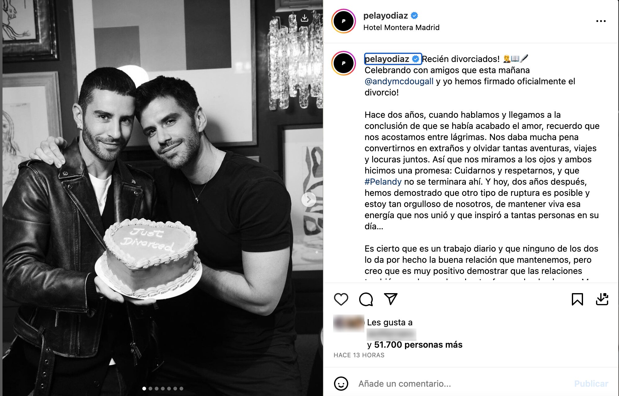 Pelayo Diaz y Andy McDougall anunciaron su divorcio en noviembre de 2021 | Foto: Instagram