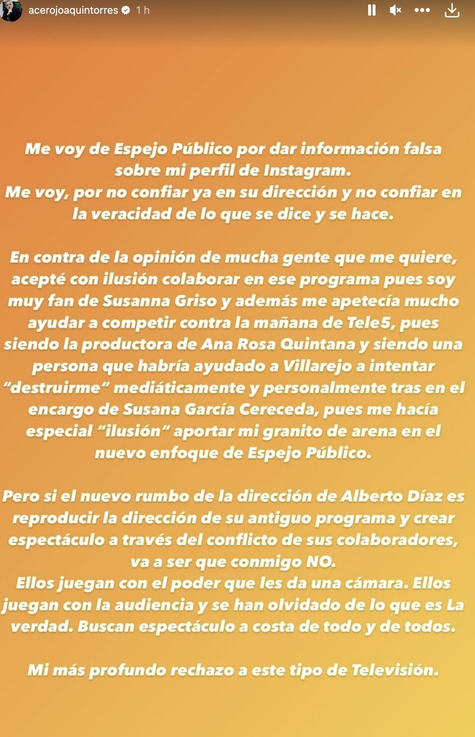 Comunicado de Joaquín Torres | Instagram