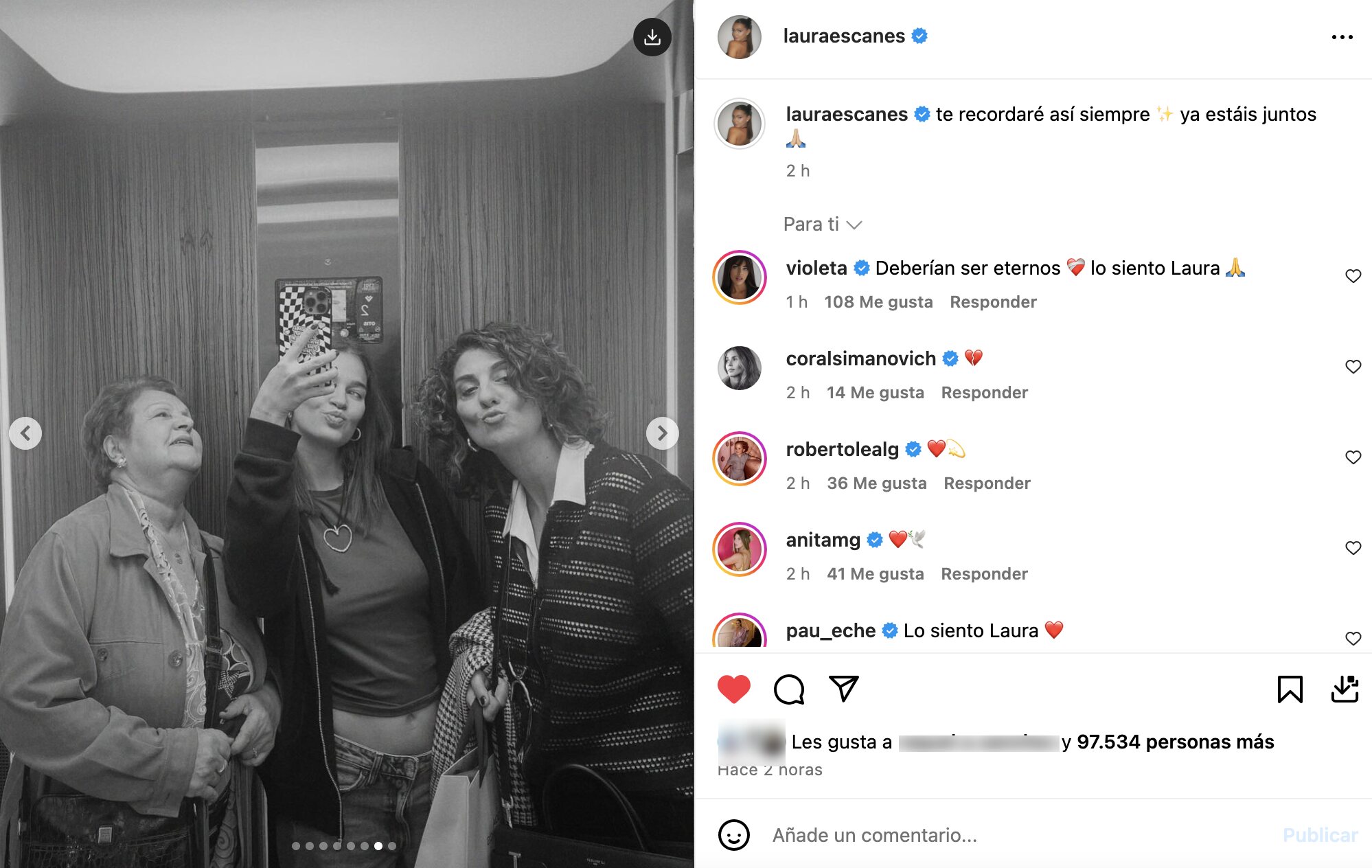 Laura Escanes se despide en redes de su abuela | Foto: Instagram