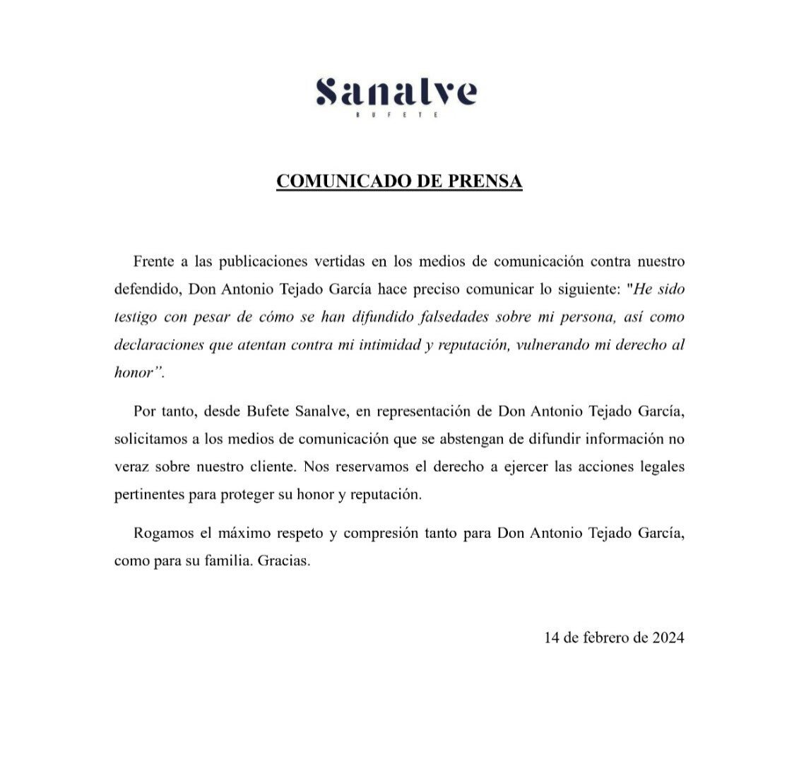 Comunicado de los abogados de Antonio Tejado | Foto: X