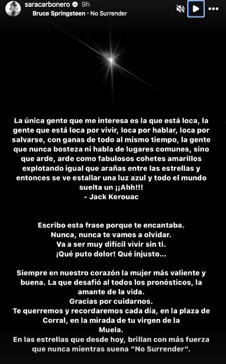 El texto que Sara Carbonero ha compartido para despedir a la persona que ha perdido/ Foto: Instagram