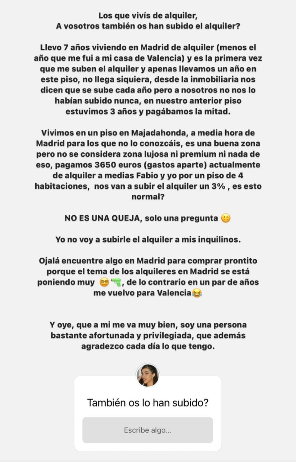 El escrito de Violeta Mangriñán sobre la subida de su alquiler que ha compartido en sus redes sociales | Instagram