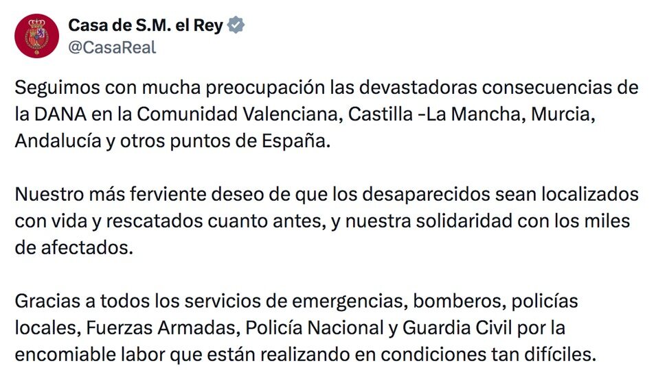 Mensaje de la Casa de SM el Rey sobre la DANA