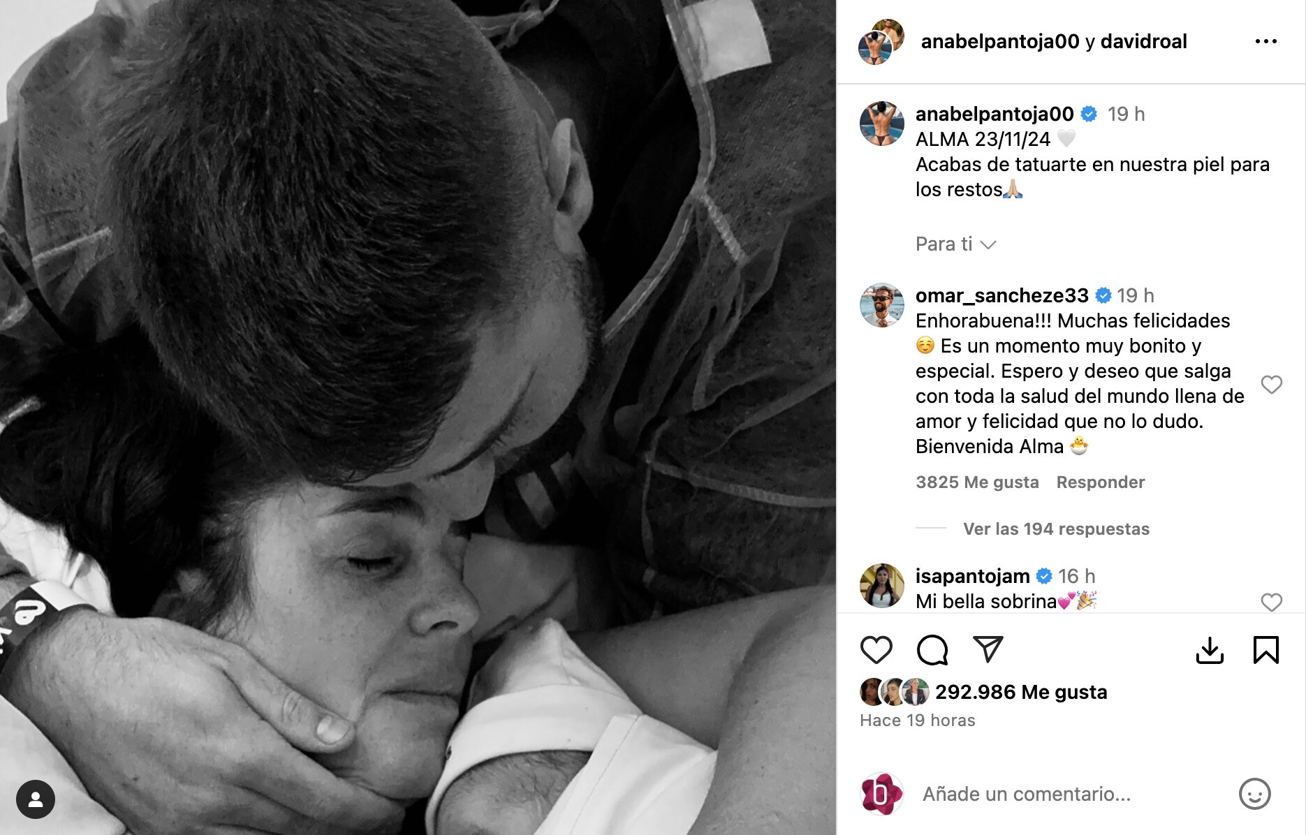 La felicitación de Omar Sánchez a Anabel Pantoja tras ser madre | Foto: Instagram