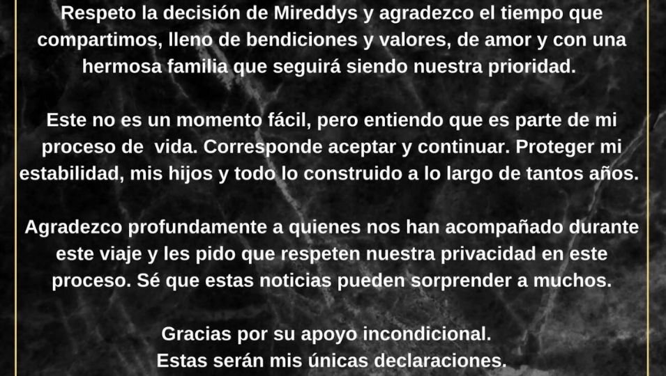 Comunicado de Daddy Yankee sobre su divorcio en sus redes sociales/Foto:  Instagram 