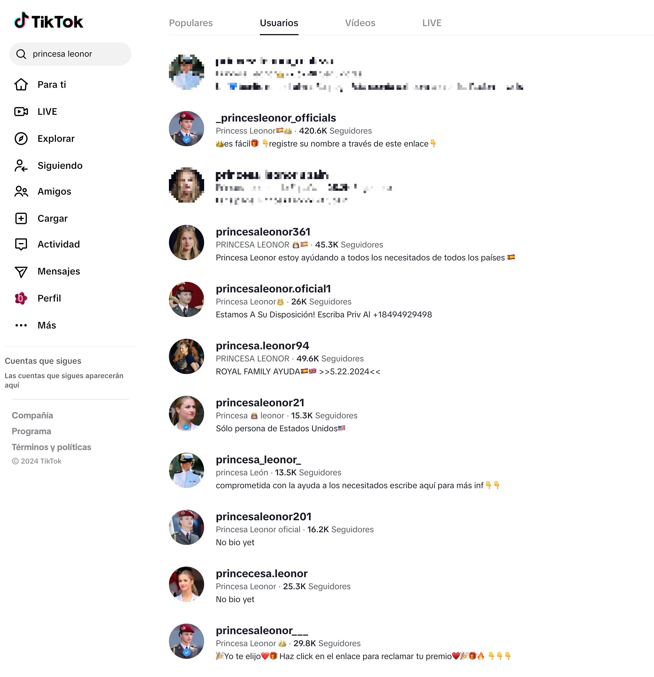 Basta con poner 'Princesa Leonor' en el buscador para dar con varias de esas cuentas | Foto: Tiktok