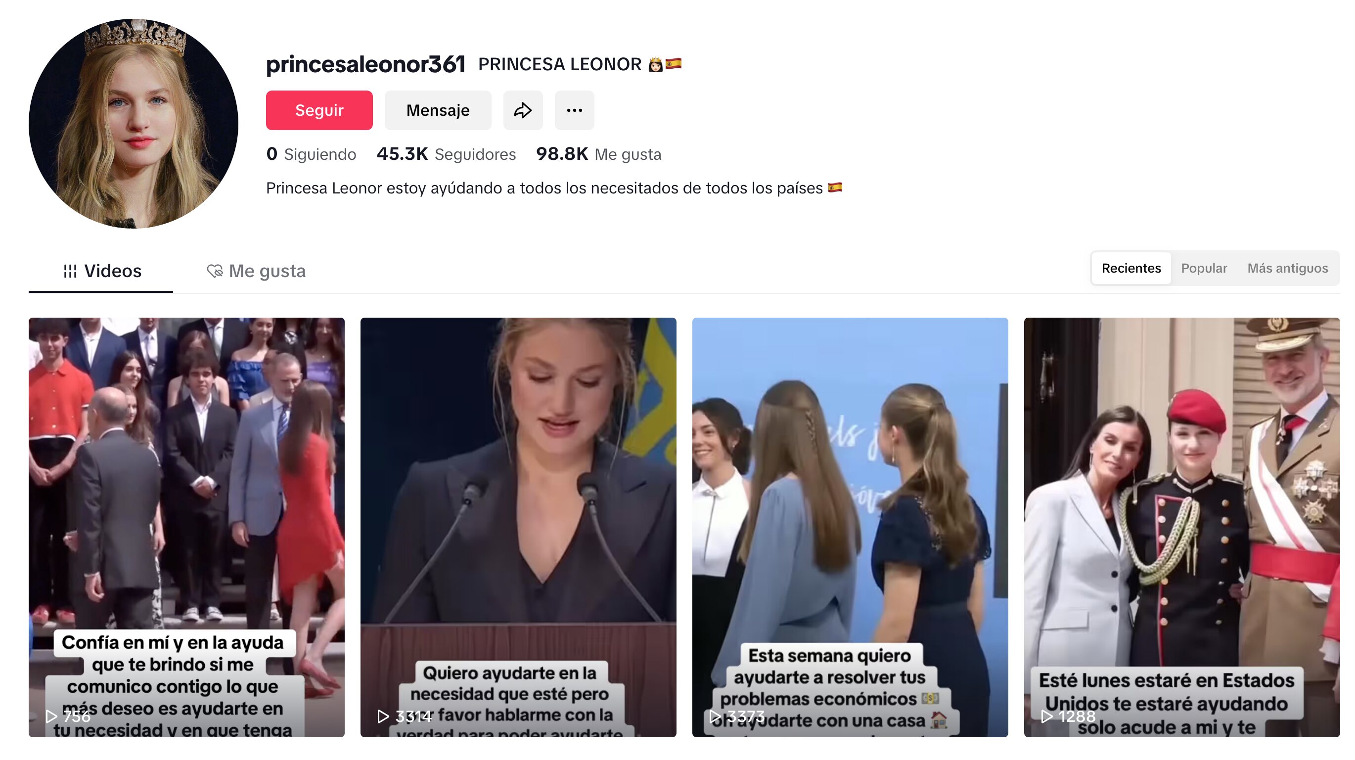 Algunas cuentas usan Inteligencia Artifical para grabar mensajes con la voz de la Princesa Leonor | Foto: Tiktok