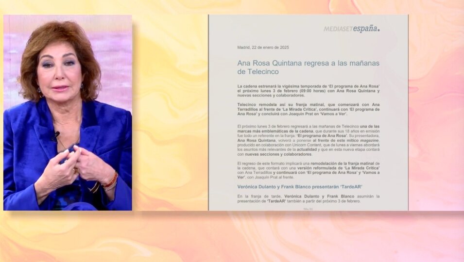 Ana Rosa comunica la noticia | Foto: telecinco.es