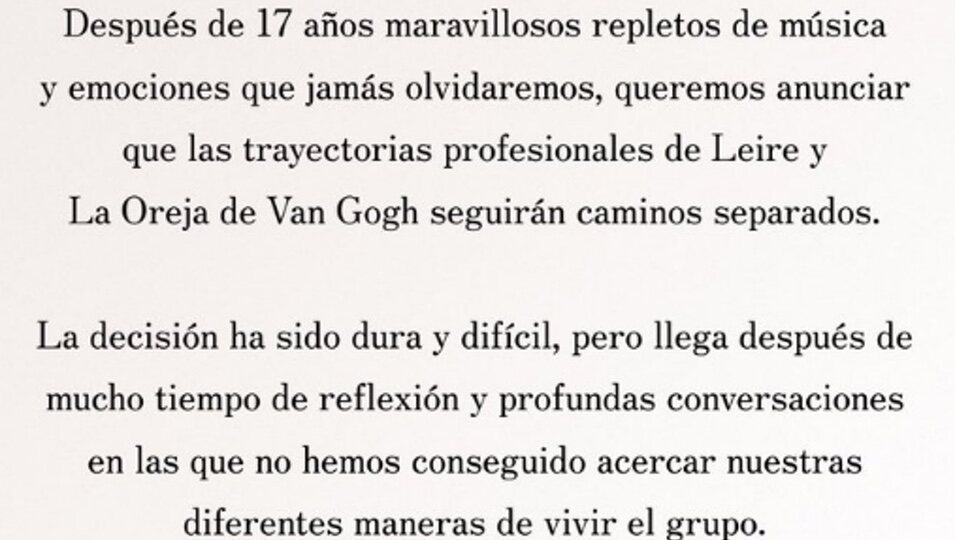 Comunicado de La Oreja de Van Gogh en sus redes sociales/Foto: X 