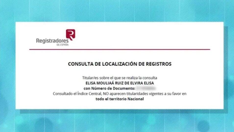 Registro que demuestra que Elisa Mouliaá no tiene un piso en propiedad/Foto: telecinco.es 