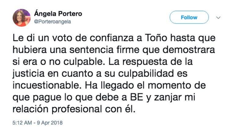 Ángela Portero confiesa en Twitter que deja de apoyar a Toño Sanchís