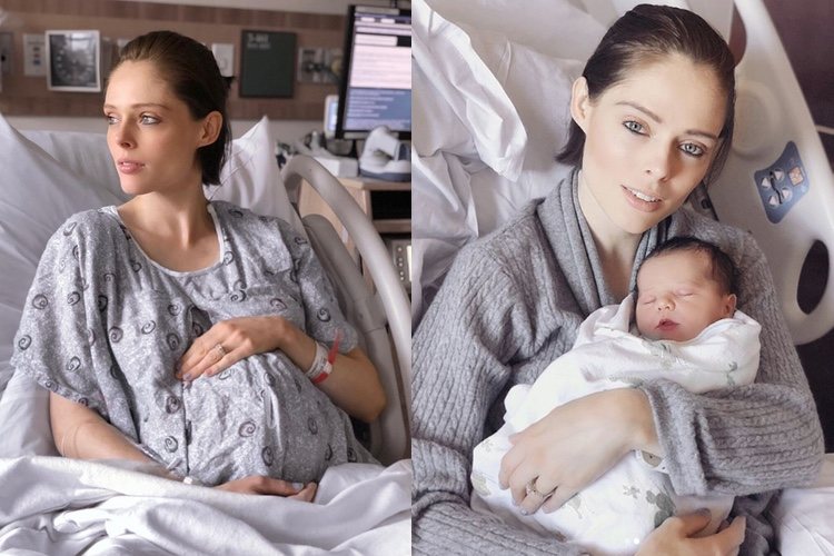 Coco Rocha, momentos antes de dar a luz, y posteriormente ya con su hijo