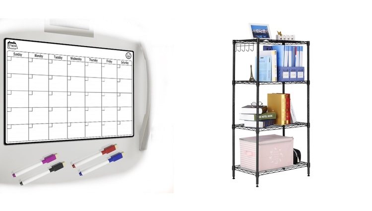 Pizarra magnética y estantería metálica