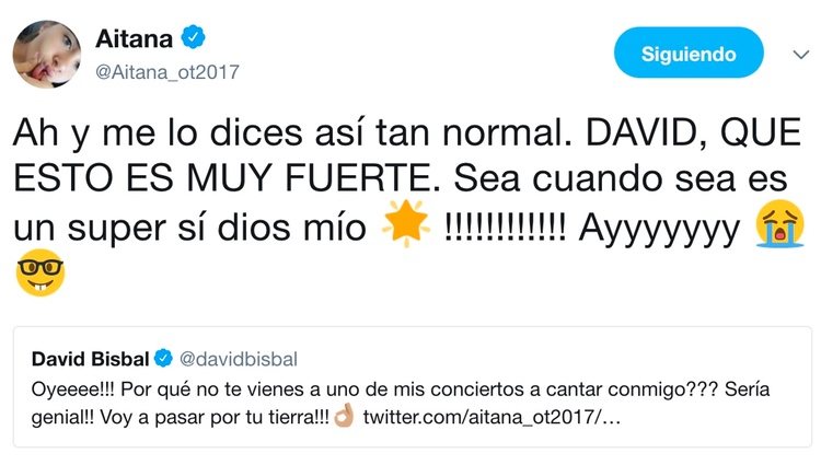 La reacción de Aitana a la propuesta de Bisbal / Twitter