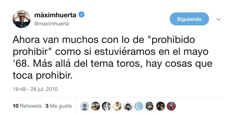 Un tuit de Màxim Huerta que habla de toros