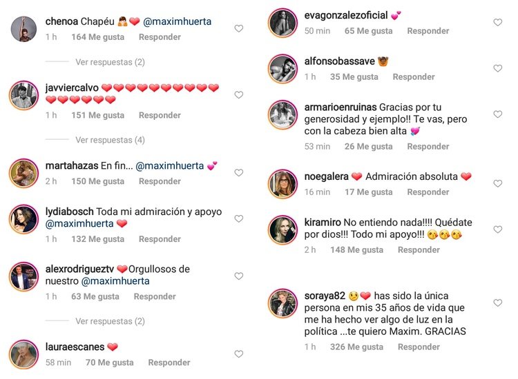 Algunos de los mensajes que ha recibido Màxim Huerta de rostros conocidos/ Fuente: Instagram