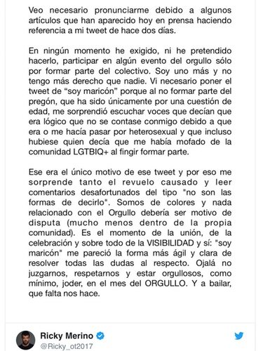 El mensaje de Ricky publicaba el pasado 21 de junio levantó la polémica entre los usuarios de Twitter 