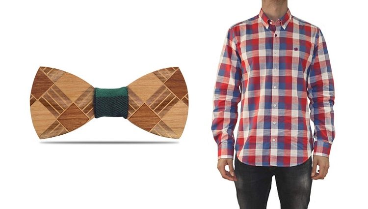 Pajarita de madera y camisa de cuadros