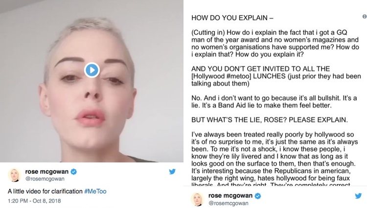 McGowan aclaró que sus declaraciones se referían a Hollywood y no al significado del propio movimiento #MeToo - Twitter