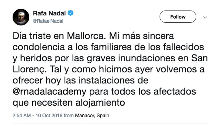 Comunicado Rafa Nadal tras las inundaciones | Foto: Twitter Rafa Nadal