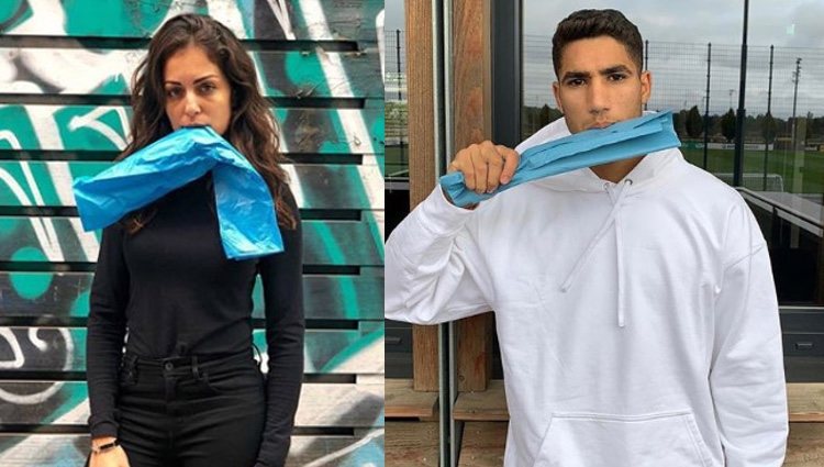 Ambos haciendo una campaña contra el plástico | Foto: Instagram Hiba Abouk y Achraf Hakimi