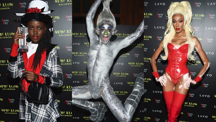 Lupita Nyong'o, Frankie Grande y Winnie Harlow em la alfombra roja del a fiesta de Halloween 2018 de Heidi Klum