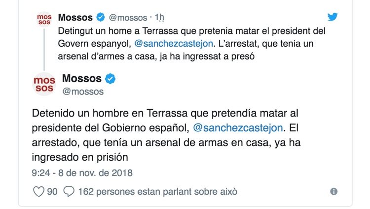 Los Mossos confirman la detención del francotirador | Foto: Twitter Mossos d'Esquadra