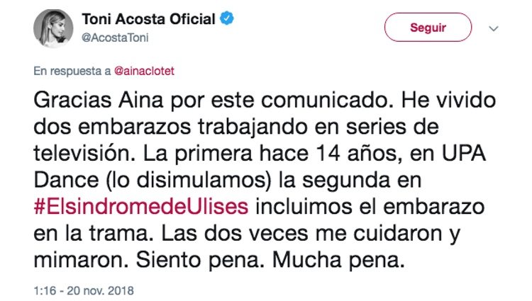 La muestra de apoyo de Toni Acosta a Aina Clotet en Twitter | Foto: Twitter Toni Acosta