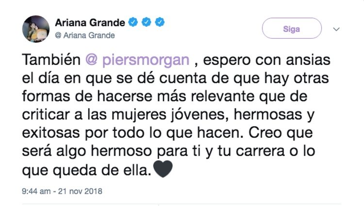 Ariana Grande critica a Piers Morgan | Foto: Twitter Ariana Grande