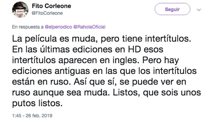 Un usuario de Twitter defendiendo que la película sí contaba con subtítulos en ruso