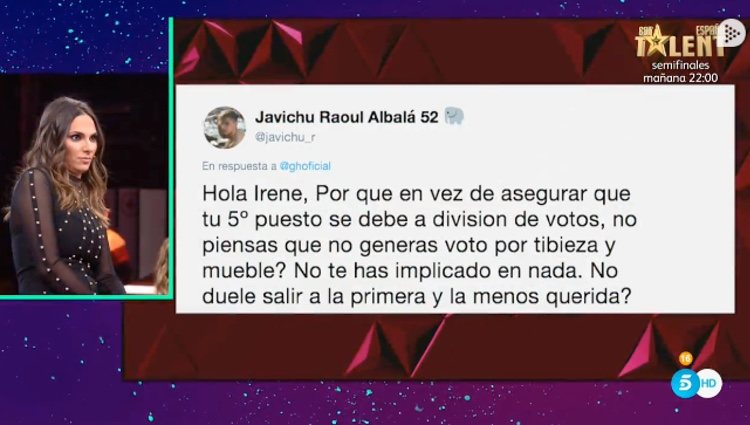 Irene Rosales leyendo la opinión del público / Telecinco