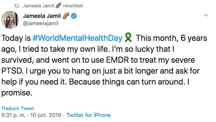 Tweet de Jameela Jamil por el Día Mundial de la Salud Mental / Foto: Twitter