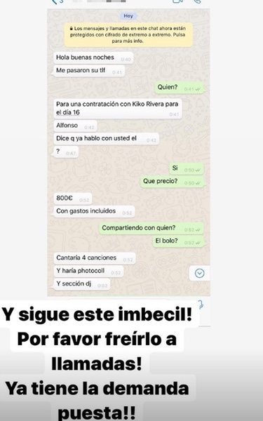 Publicación de Kiko Rivera en sus 'stories' mostrando los mensajes de un estafador / Foto: Instagram