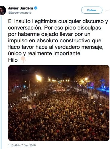 Tweet de Javier Bardem pidiendo perdón por su discurso en la marcha por el clima/ Foto: twitter