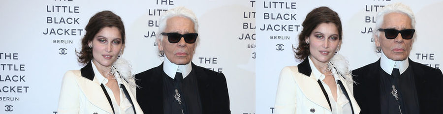 Alice Dellal, Laetitia Casta y Karl Lagerfeld rinden homenaje a la chaqueta negra de Chanel