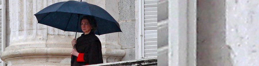 La Reina Sofía asiste al Cambio de Guardia en el Palacio Real de Madrid bajo la lluvia