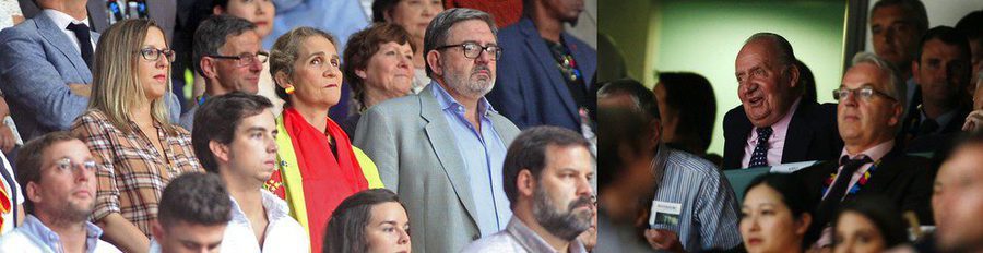 El Rey Juan Carlos, la Infanta Elena y Felipe Juan Froilán, cada uno por su lado en el partido de baloncesto Francia-España