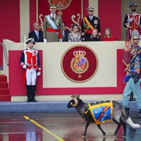 Los Reyes Felipe y Letizia, la Princesa Leonor y la Infanta Sofía sonríen al ver a la cabra de la Legión en el Día de la Hispanidad 2016